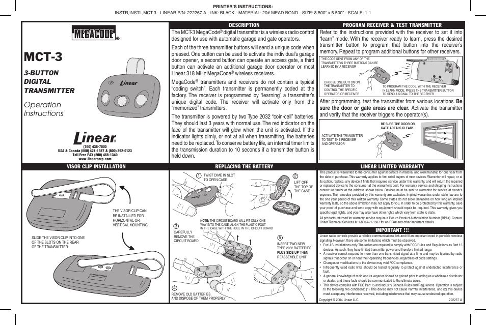 Linear MCT-3 User Manual | 1 page