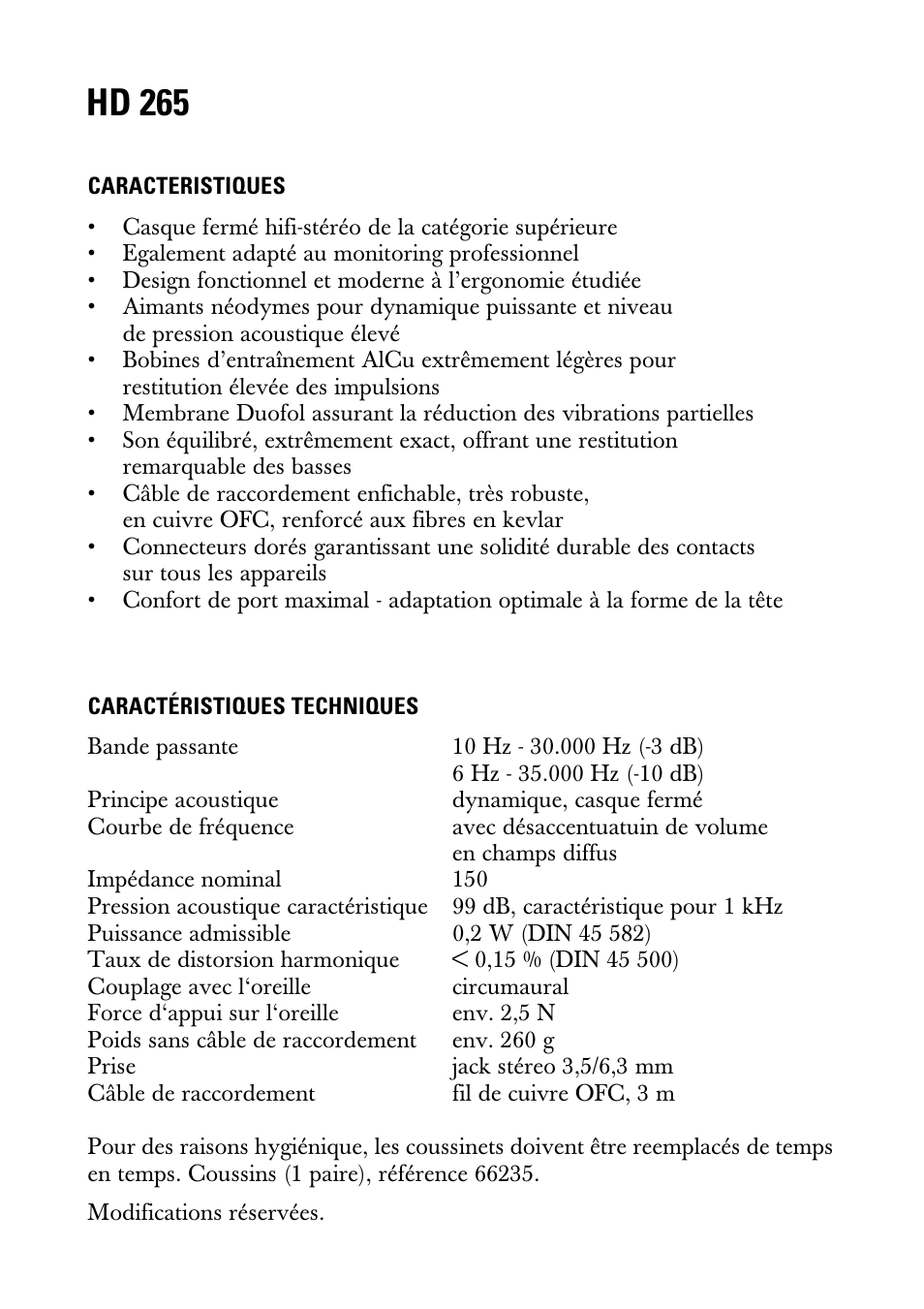 Instructions pour l'usage, Hd 265 | Linear HD 265 User Manual | Page 4 / 8