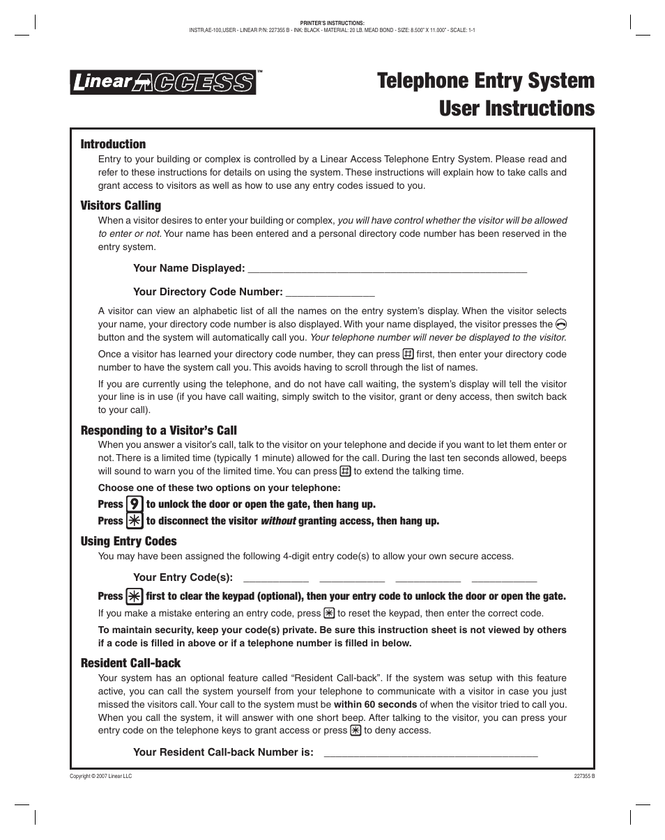 Linear 227355 B User Manual | 1 page