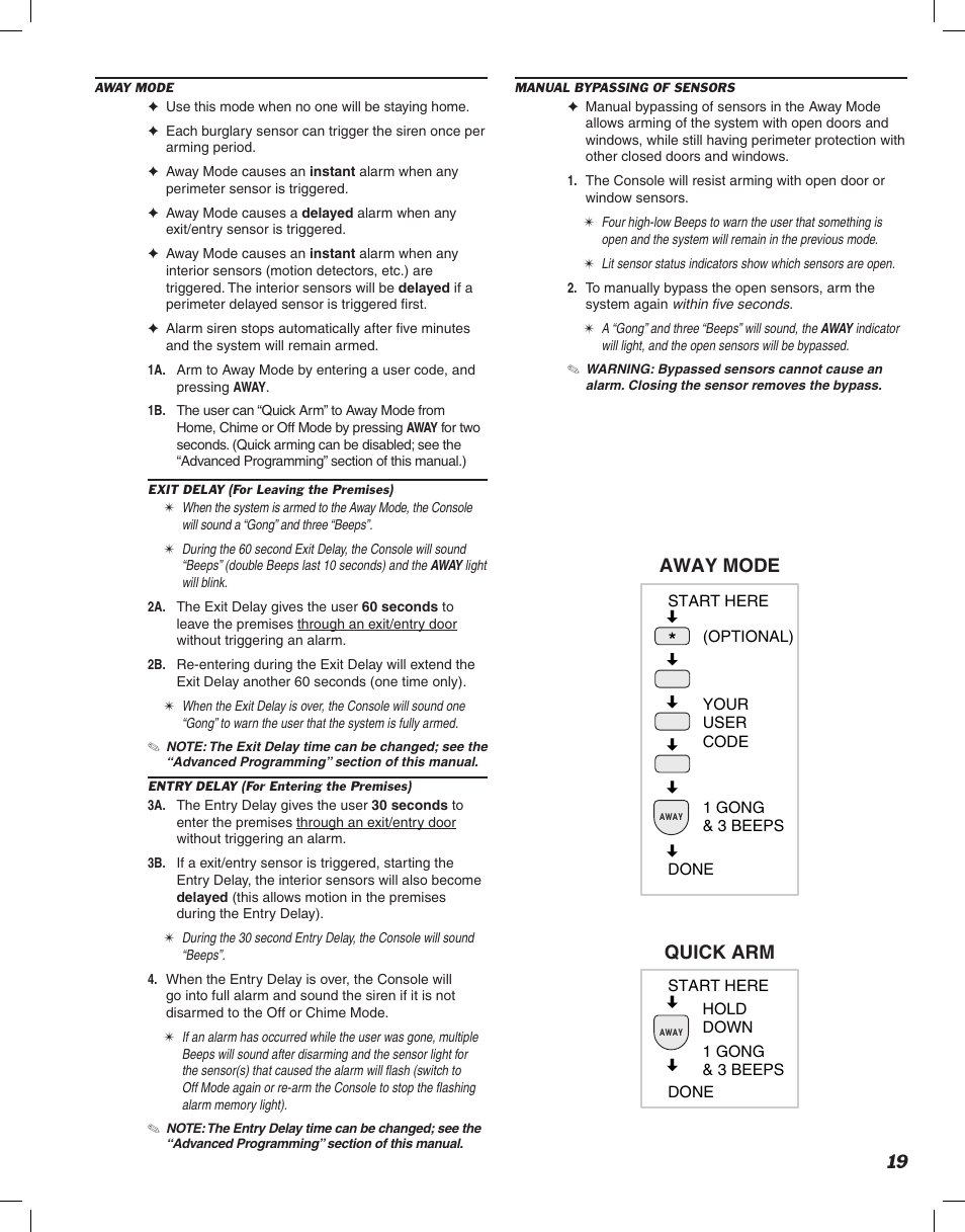 Away mode, Quick arm | Linear DVS-1200 User Manual | Page 21 / 44