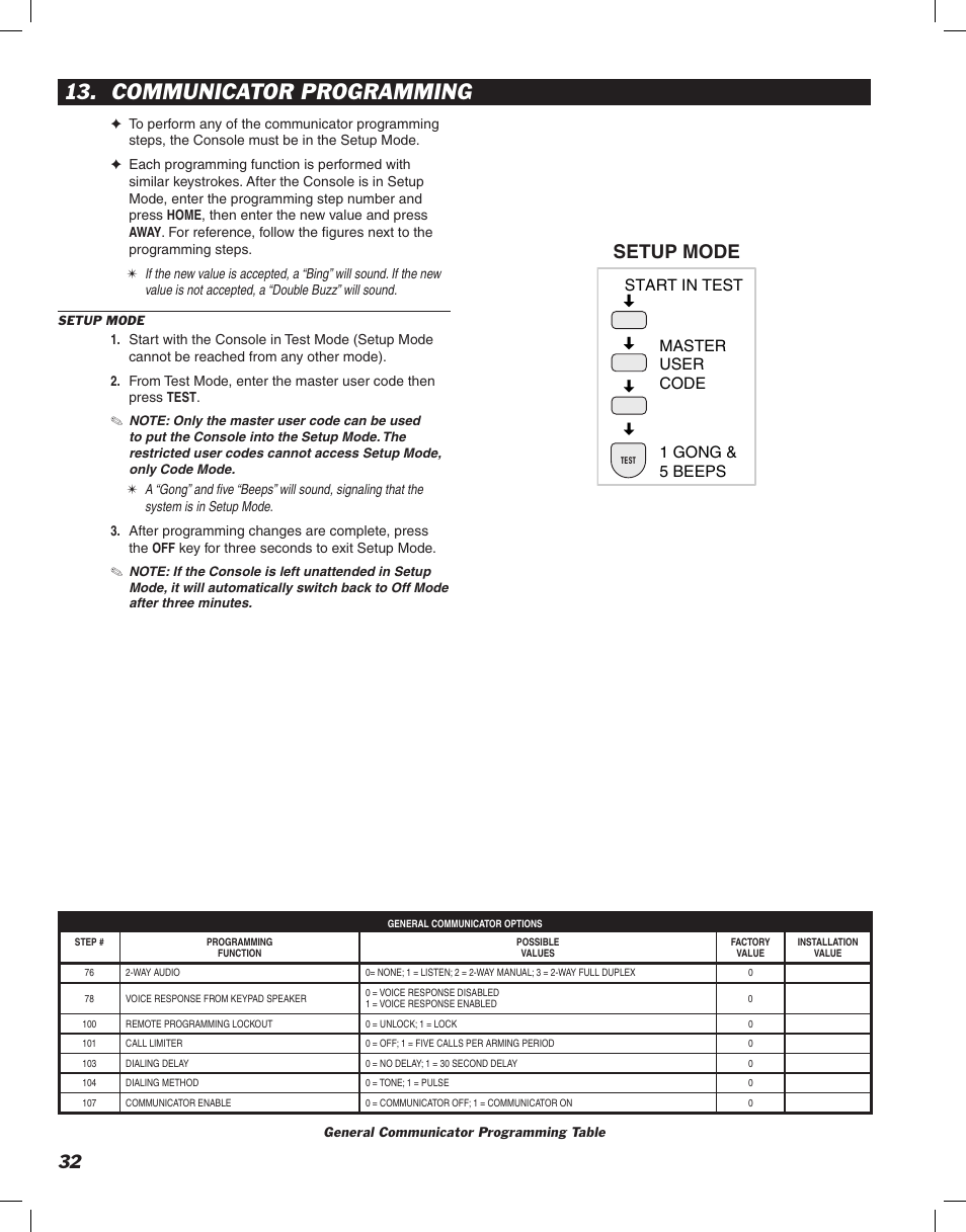 Communicator programming, Setup mode | Linear DVS-1200 User Manual | Page 34 / 44