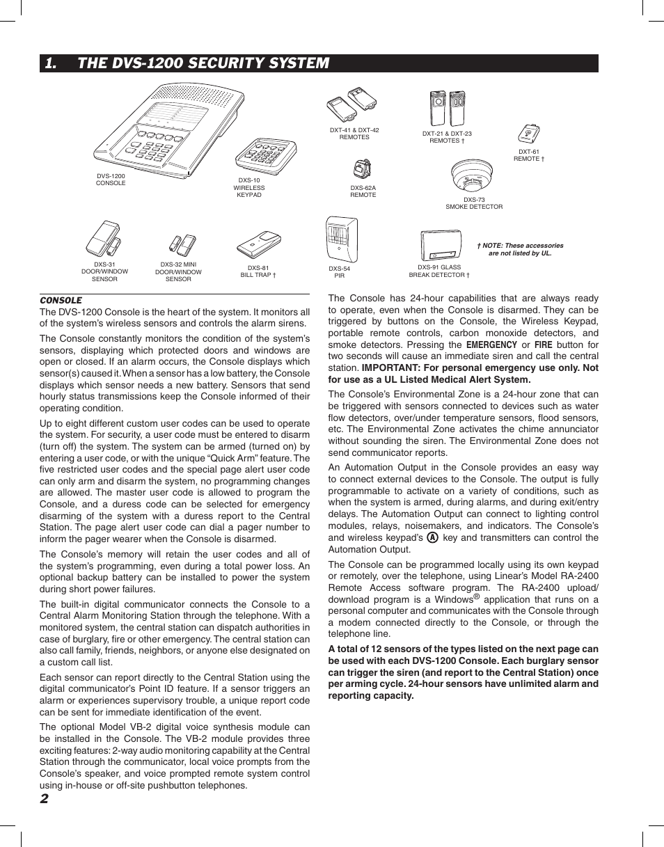 The dvs-1200 security system | Linear DVS-1200 User Manual | Page 4 / 44