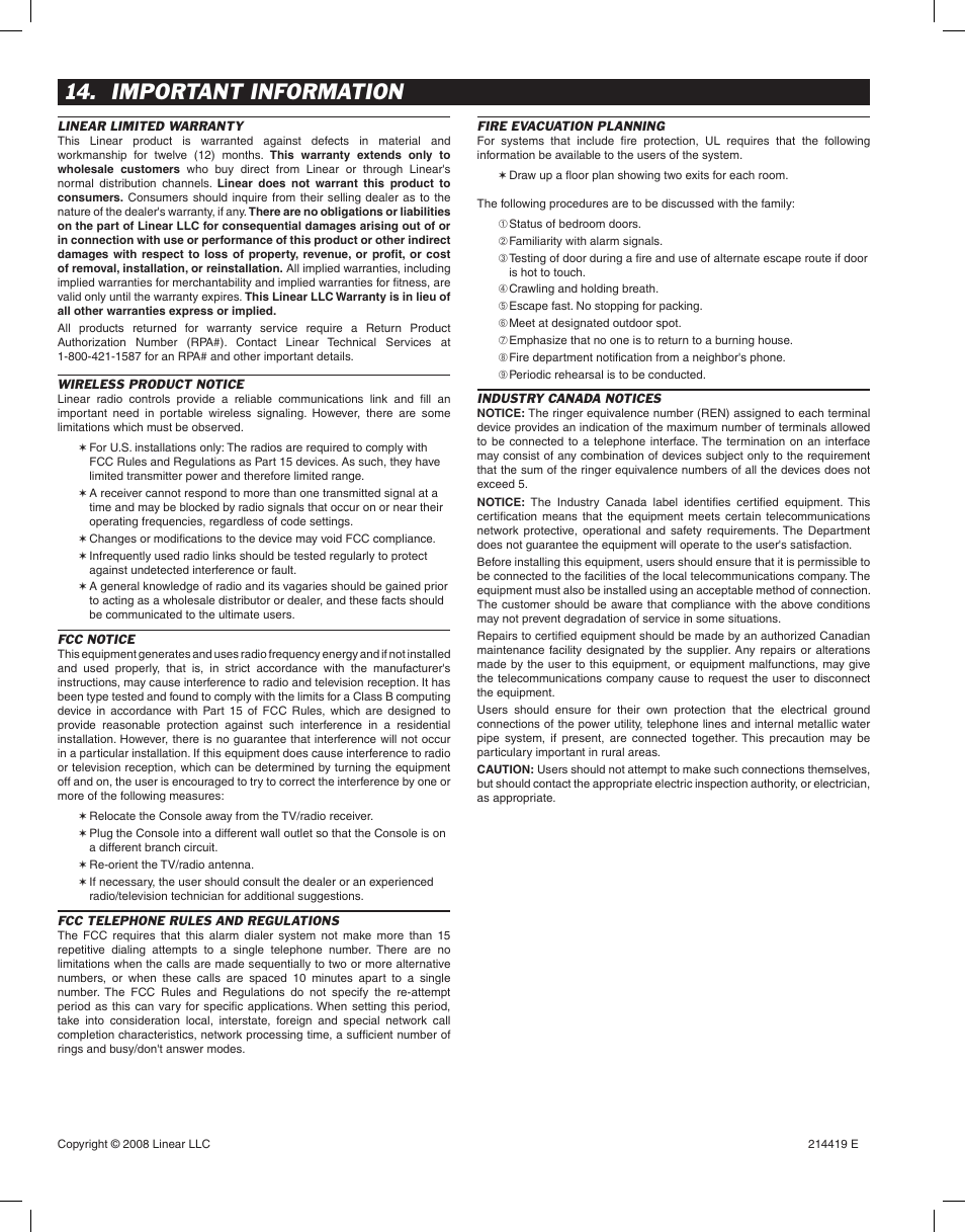 Important information | Linear DVS-1200 User Manual | Page 44 / 44