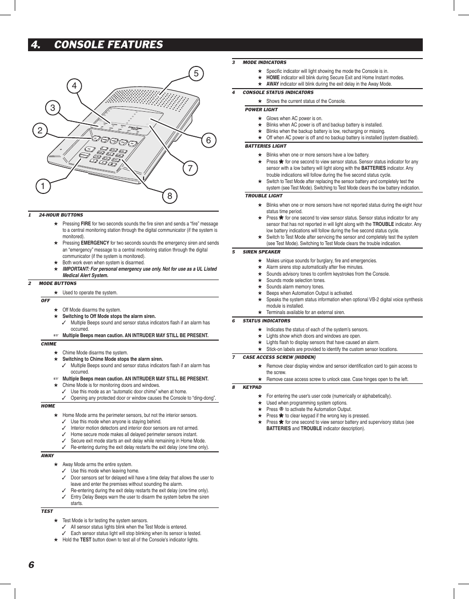 Console features | Linear DVS-1200 User Manual | Page 8 / 44