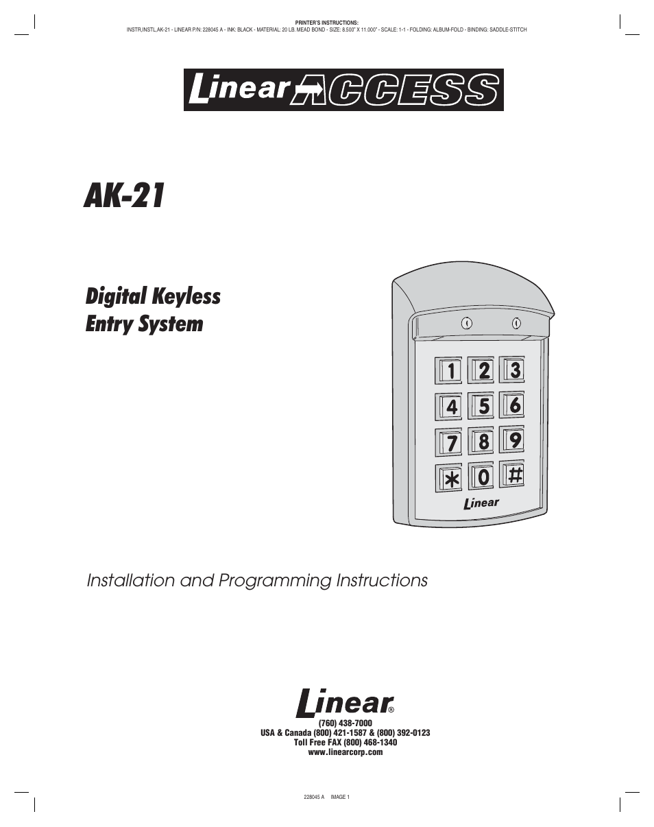 Linear ACCESS AK-21 User Manual | 8 pages