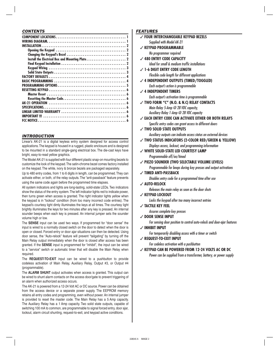 Linear ACCESS AK-21 User Manual | Page 2 / 8