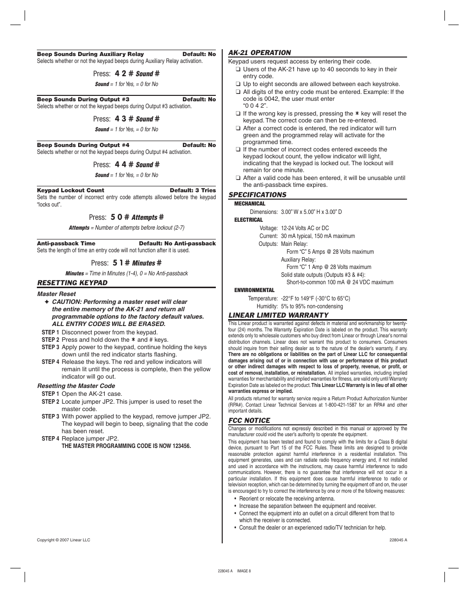 Press: 4 2, Press: 4 3, Press: 4 4 | Press: 5 0, Press: 5 1 | Linear ACCESS AK-21 User Manual | Page 8 / 8