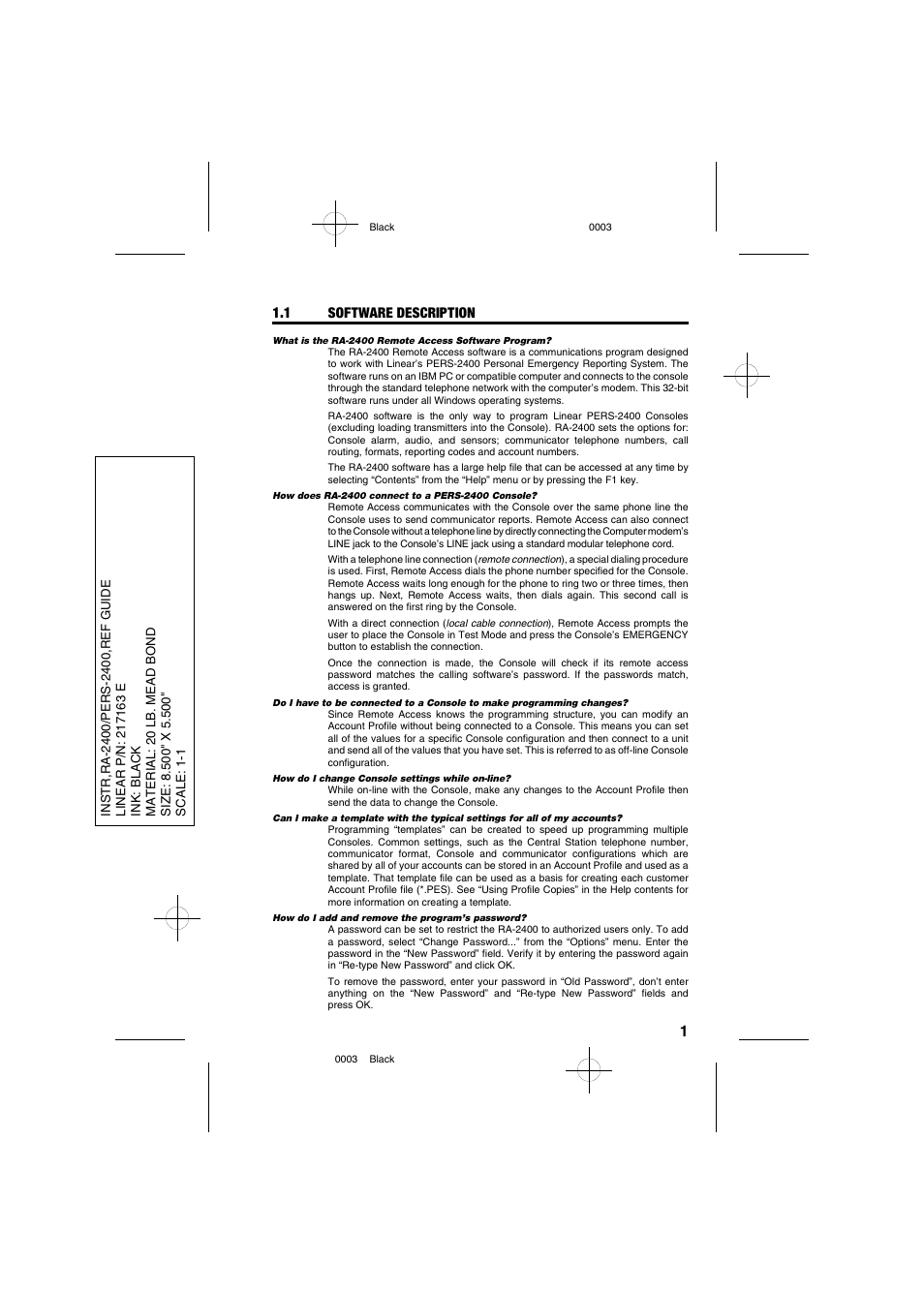 1 software description | Linear PERS-2400 PERSONAL EMERGENCY REPORTING SYSTEM RA-2400 User Manual | Page 3 / 40