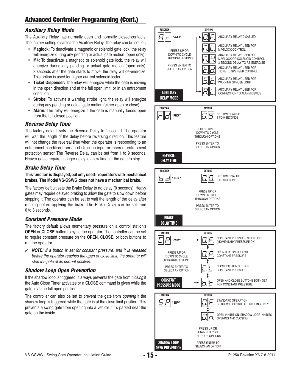 Advanced controller programming (cont.), Auxiliary relay mode, Reverse delay time | Brake delay time, Constant pressure mode, Shadow loop open prevention | Linear VS-GSWG User Manual | Page 17 / 34