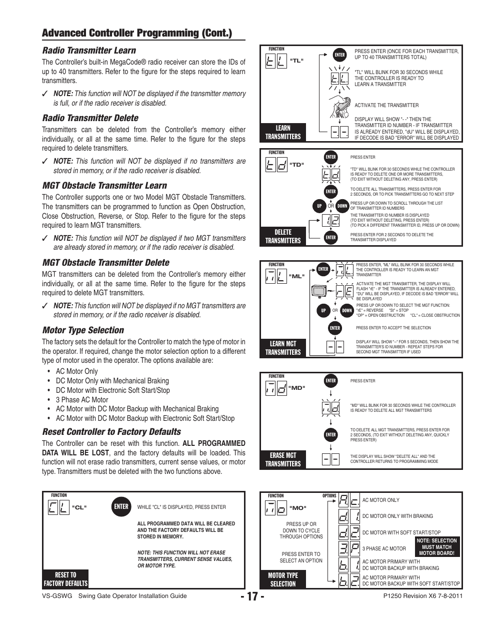 Advanced controller programming (cont.), Radio transmitter learn, Radio transmitter delete | Mgt obstacle transmitter learn, Mgt obstacle transmitter delete, Motor type selection, Reset controller to factory defaults, Erase mgt transmitters, Delete transmitters, Learn mgt transmitters | Linear VS-GSWG User Manual | Page 19 / 34