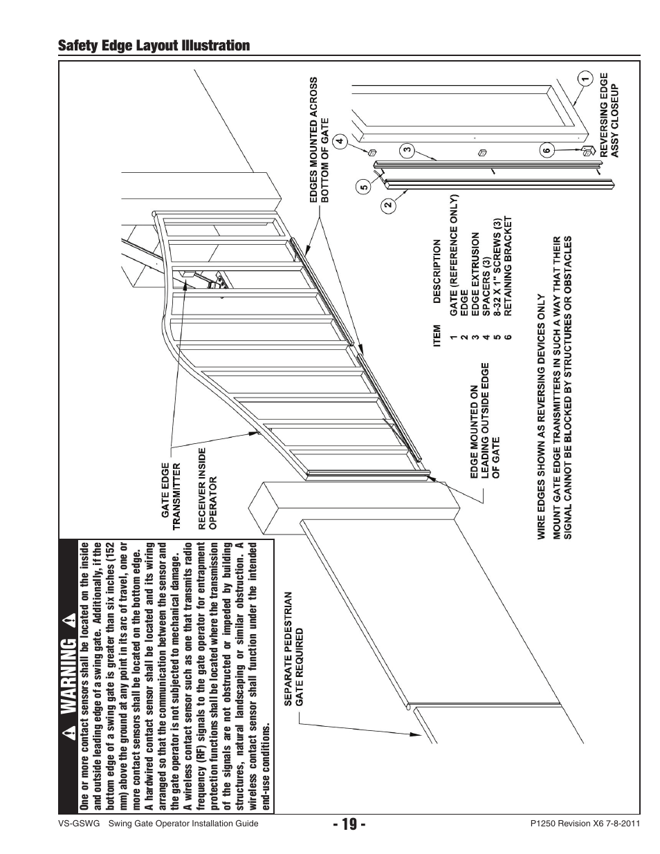 Warning, Safety edge layout illustration | Linear VS-GSWG User Manual | Page 21 / 34