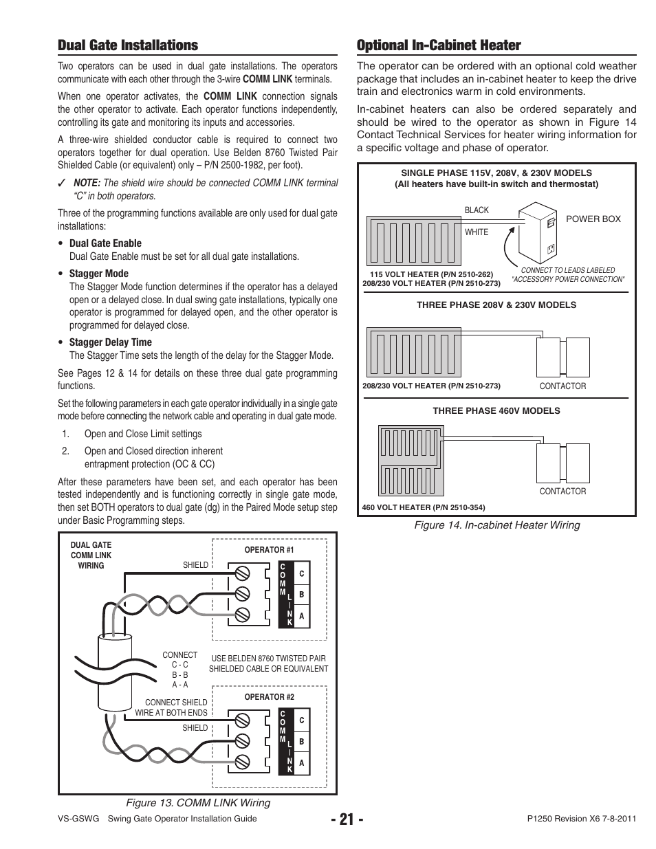 Dual gate installations, Optional in-cabinet heater | Linear VS-GSWG User Manual | Page 23 / 34