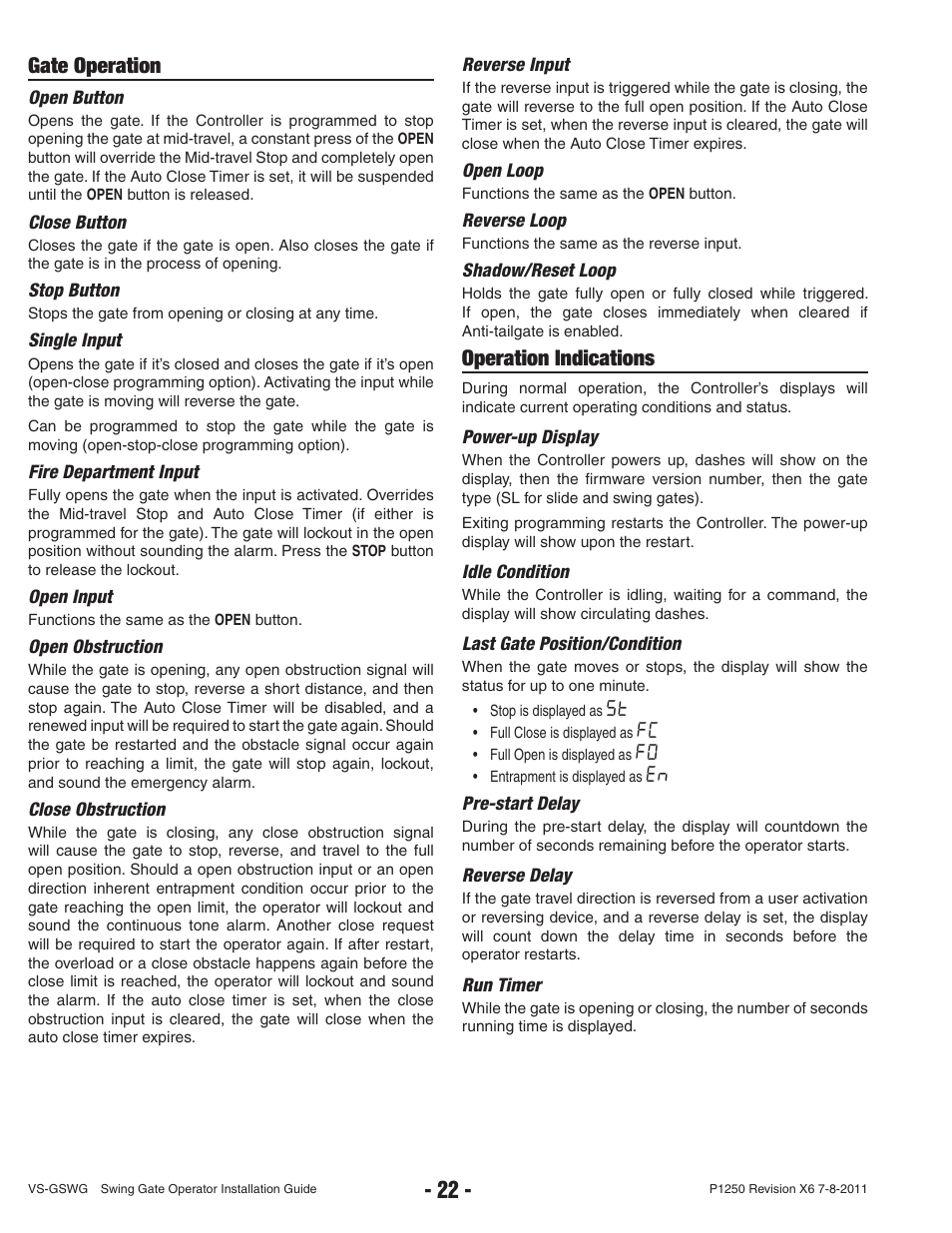 Gate operation, Operation indications | Linear VS-GSWG User Manual | Page 24 / 34