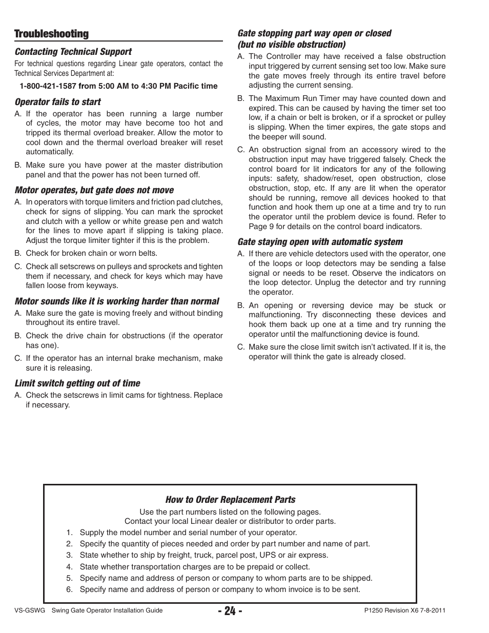 Troubleshooting | Linear VS-GSWG User Manual | Page 26 / 34