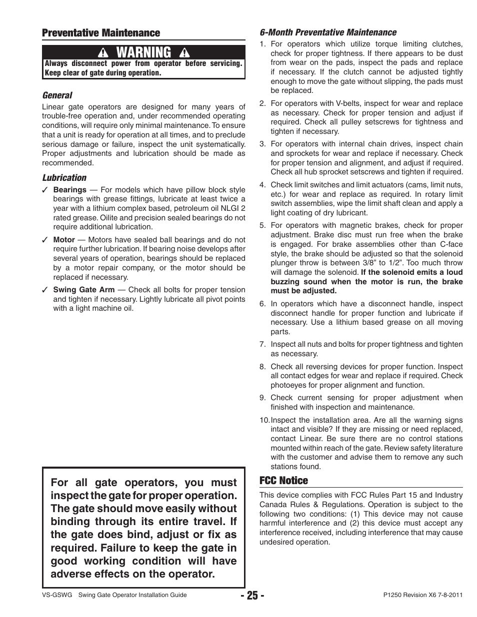 Warning, Preventative maintenance, Fcc notice | Linear VS-GSWG User Manual | Page 27 / 34