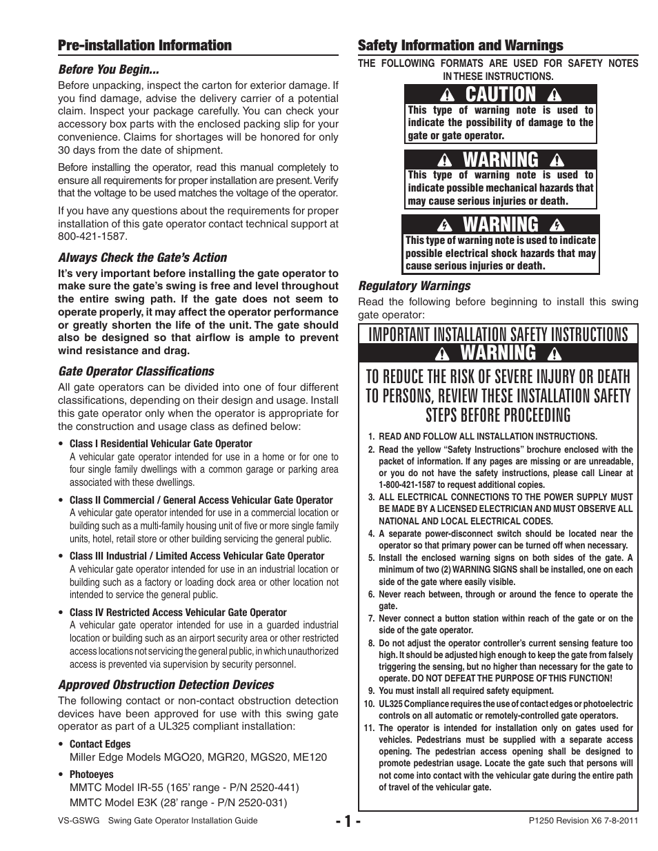 Warning, Caution, Pre-installation information | Safety information and warnings | Linear VS-GSWG User Manual | Page 3 / 34