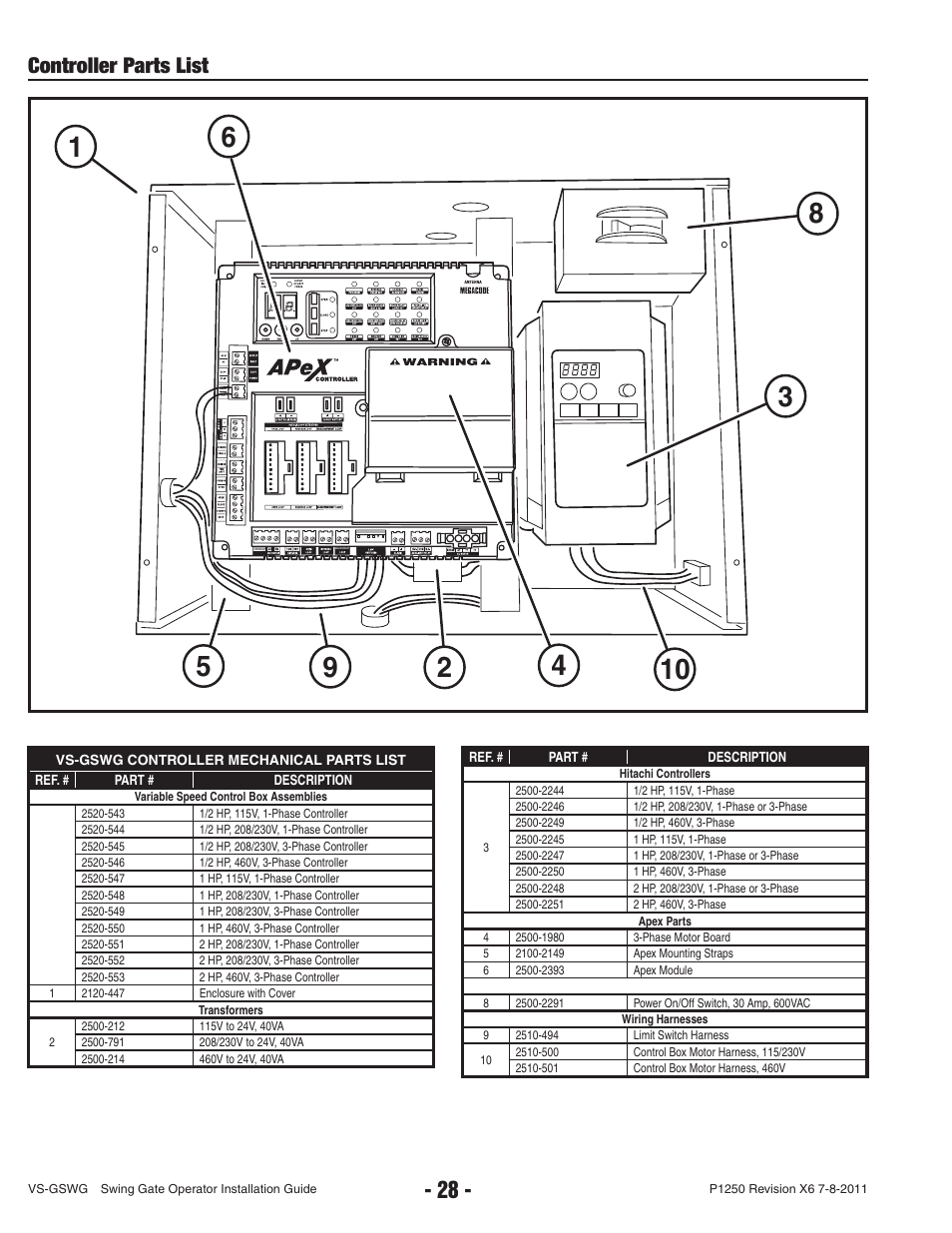 Controller parts list | Linear VS-GSWG User Manual | Page 30 / 34