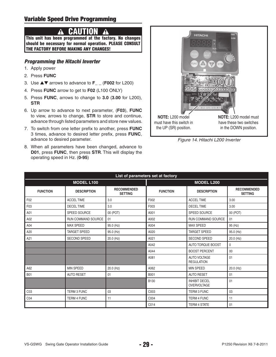 Caution, Variable speed drive programming, Programming the hitachi inverter | Linear VS-GSWG User Manual | Page 31 / 34