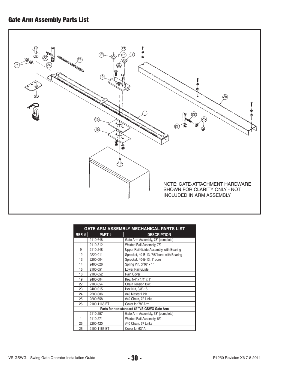 Gate arm assembly parts list | Linear VS-GSWG User Manual | Page 32 / 34