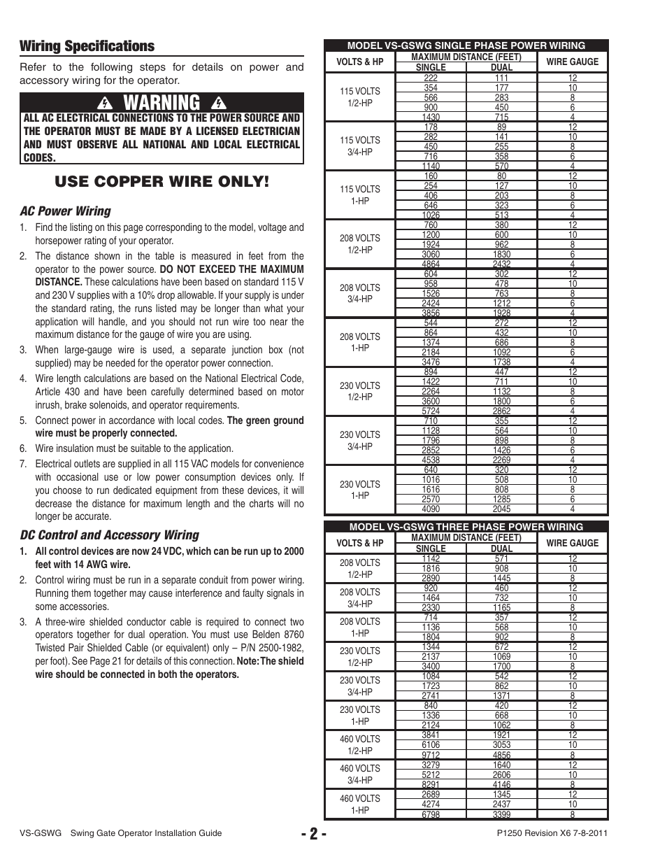 Warning, Wiring specifi cations, Use copper wire only | Ac power wiring, Dc control and accessory wiring | Linear VS-GSWG User Manual | Page 4 / 34