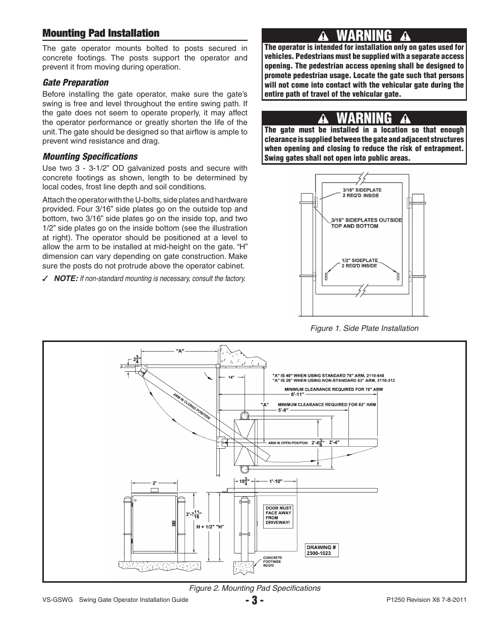 Warning, Mounting pad installation | Linear VS-GSWG User Manual | Page 5 / 34