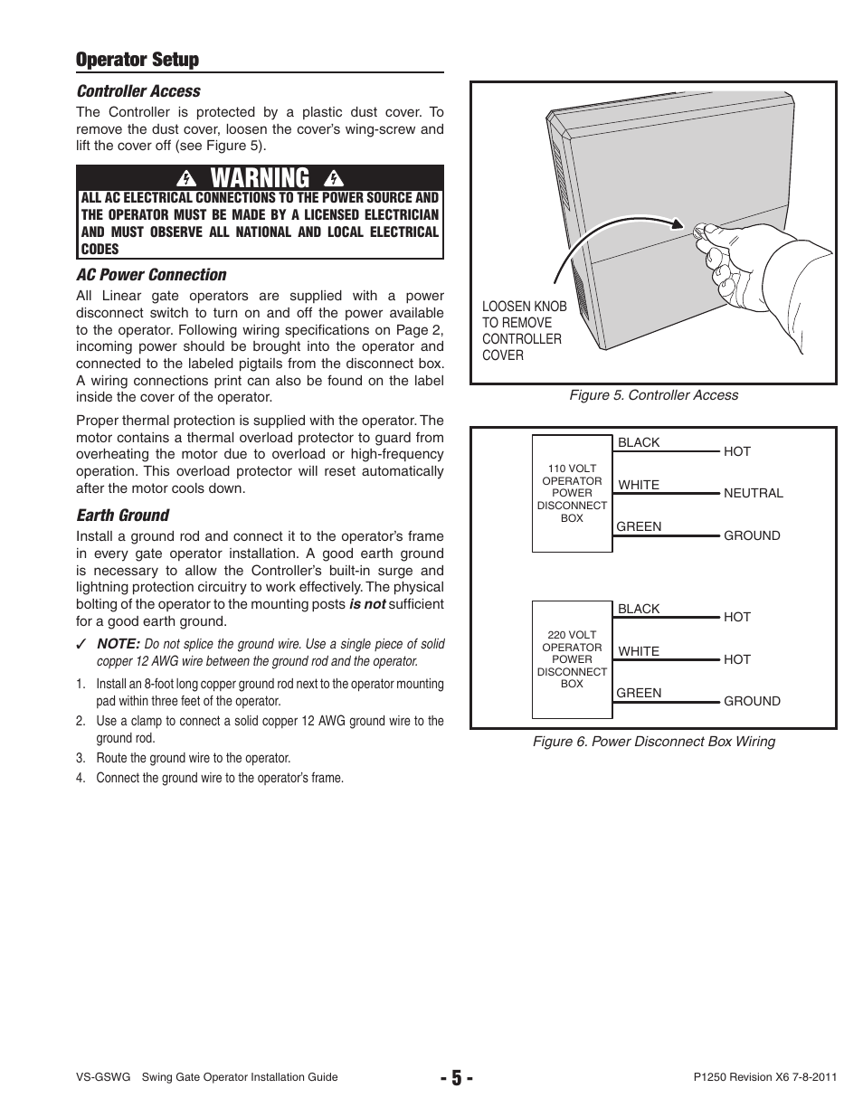 Warning, Operator setup, Controller access | Ac power connection, Earth ground | Linear VS-GSWG User Manual | Page 7 / 34