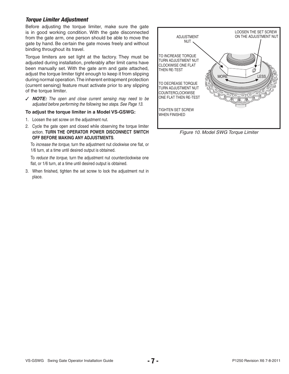 Torque limiter adjustment | Linear VS-GSWG User Manual | Page 9 / 34