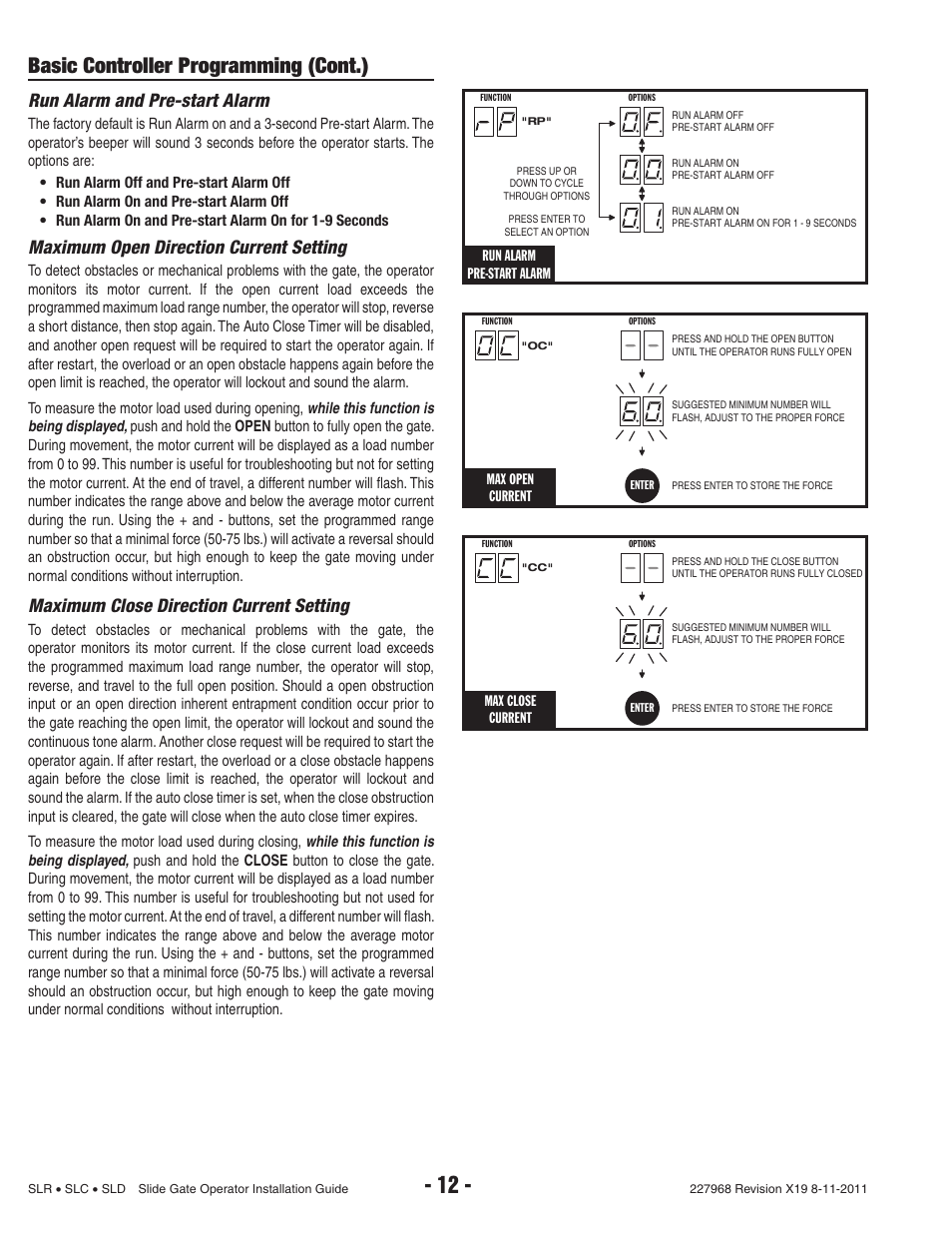 Basic controller programming (cont.), Run alarm and pre-start alarm, Maximum open direction current setting | Maximum close direction current setting | Linear SLC User Manual | Page 14 / 38