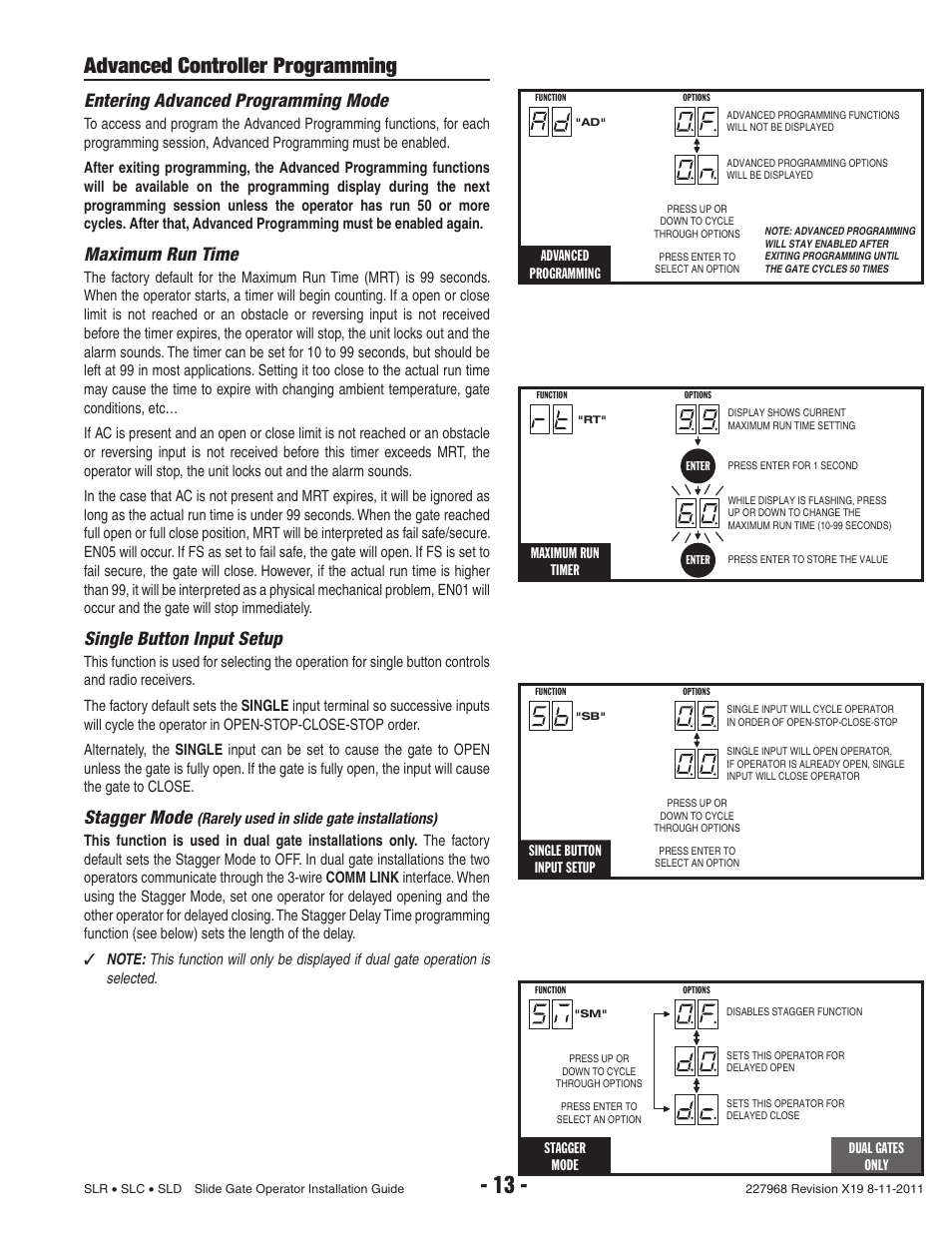 Advanced controller programming, Entering advanced programming mode, Maximum run time | Single button input setup, Stagger mode | Linear SLC User Manual | Page 15 / 38