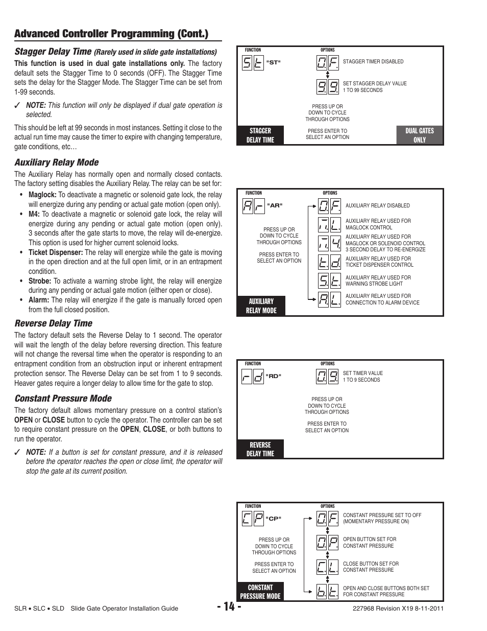 Advanced controller programming (cont.), Stagger delay time, Auxiliary relay mode | Reverse delay time, Constant pressure mode | Linear SLC User Manual | Page 16 / 38