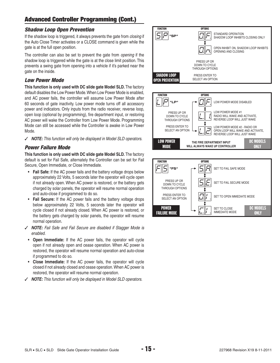 Advanced controller programming (cont.), Shadow loop open prevention, Low power mode | Power failure mode | Linear SLC User Manual | Page 17 / 38