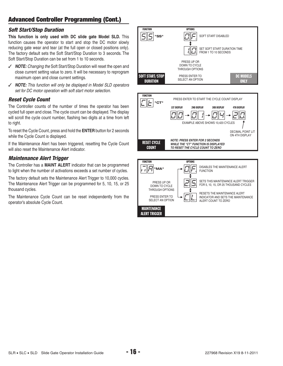 Advanced controller programming (cont.), Soft start/stop duration, Reset cycle count | Maintenance alert trigger | Linear SLC User Manual | Page 18 / 38