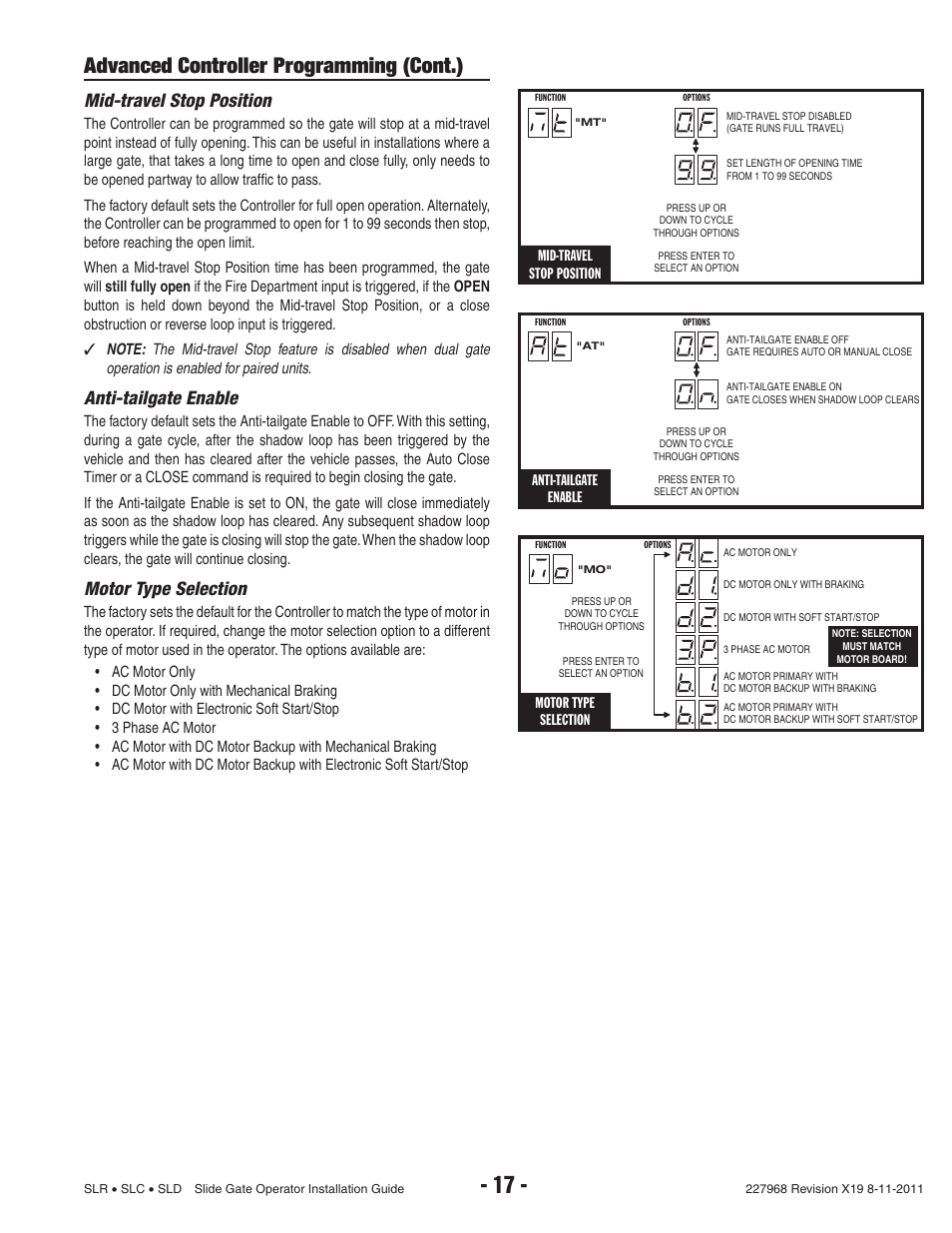 Advanced controller programming (cont.), Mid-travel stop position, Anti-tailgate enable | Motor type selection | Linear SLC User Manual | Page 19 / 38