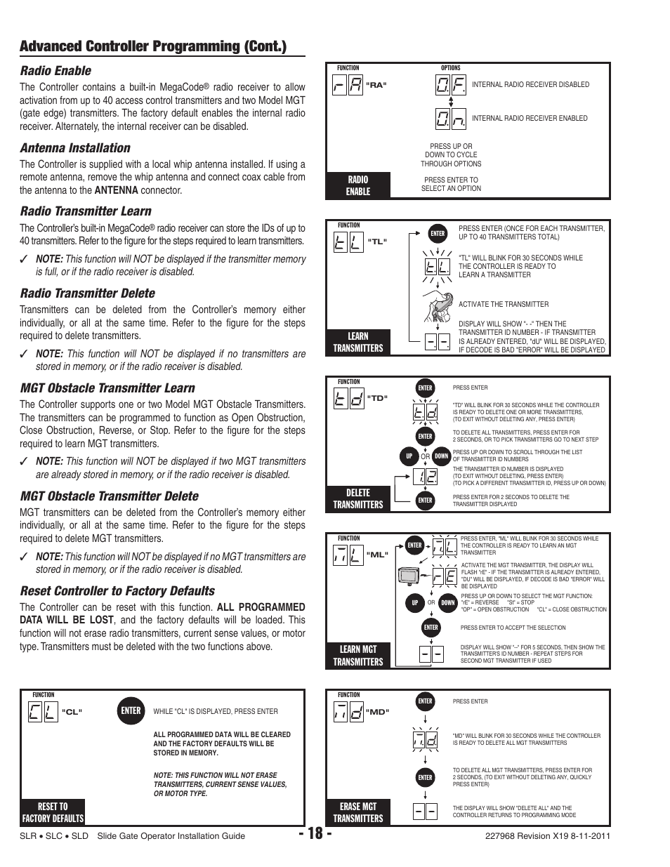 Advanced controller programming (cont.), Radio enable, Antenna installation | Radio transmitter learn, Radio transmitter delete, Mgt obstacle transmitter learn, Mgt obstacle transmitter delete, Reset controller to factory defaults, Erase mgt transmitters, Delete transmitters | Linear SLC User Manual | Page 20 / 38