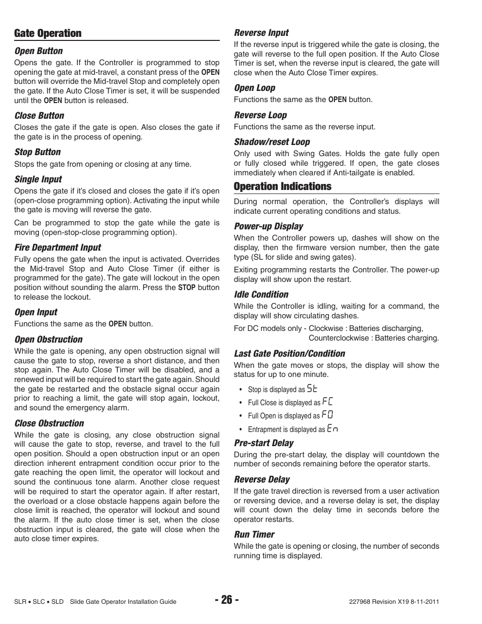 Gate operation, Operation indications | Linear SLC User Manual | Page 28 / 38