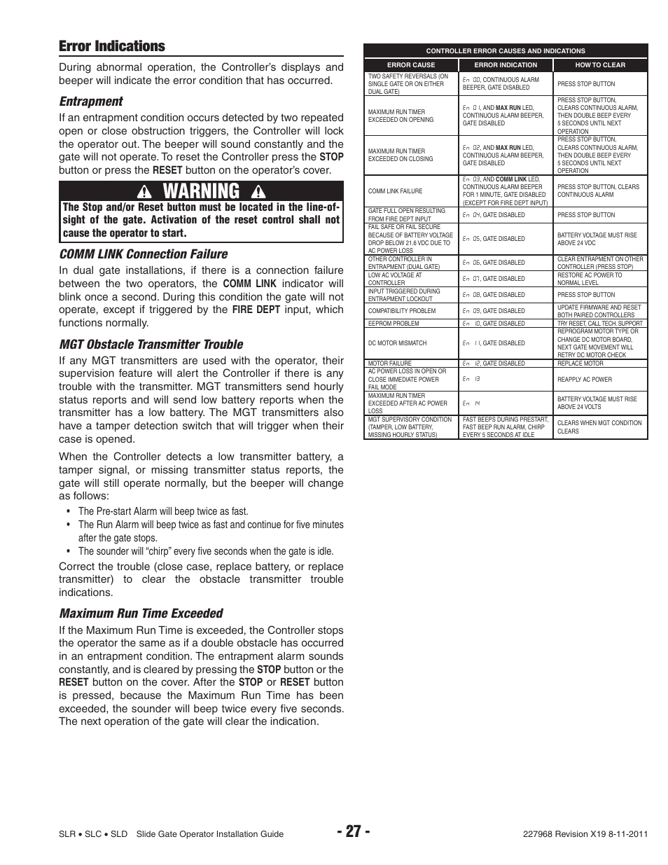 Warning, Error indications, Entrapment | Comm link connection failure, Mgt obstacle transmitter trouble, Maximum run time exceeded | Linear SLC User Manual | Page 29 / 38