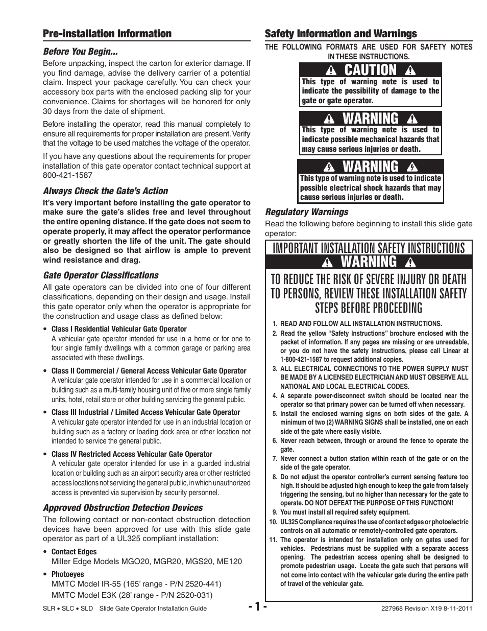 Warning, Caution, Pre-installation information | Safety information and warnings | Linear SLC User Manual | Page 3 / 38