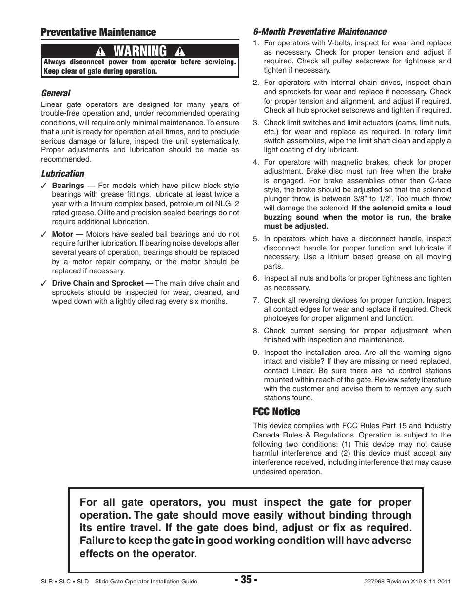 Warning, Preventative maintenance, Fcc notice | Linear SLC User Manual | Page 37 / 38