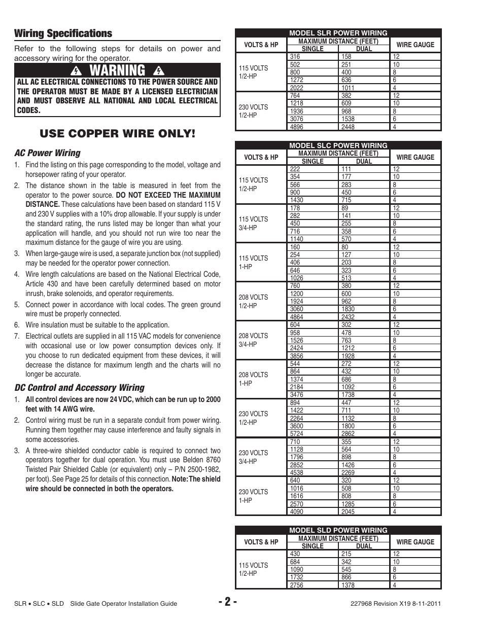 Warning, Wiring specifi cations, Use copper wire only | Ac power wiring, Dc control and accessory wiring | Linear SLC User Manual | Page 4 / 38