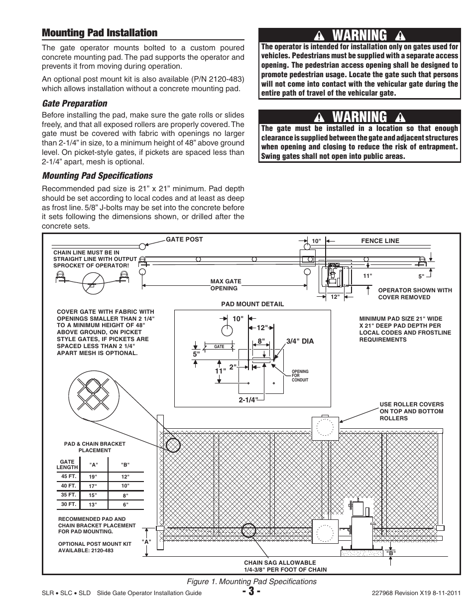Warning, Mounting pad installation, Gate preparation | Mounting pad specifi cations | Linear SLC User Manual | Page 5 / 38