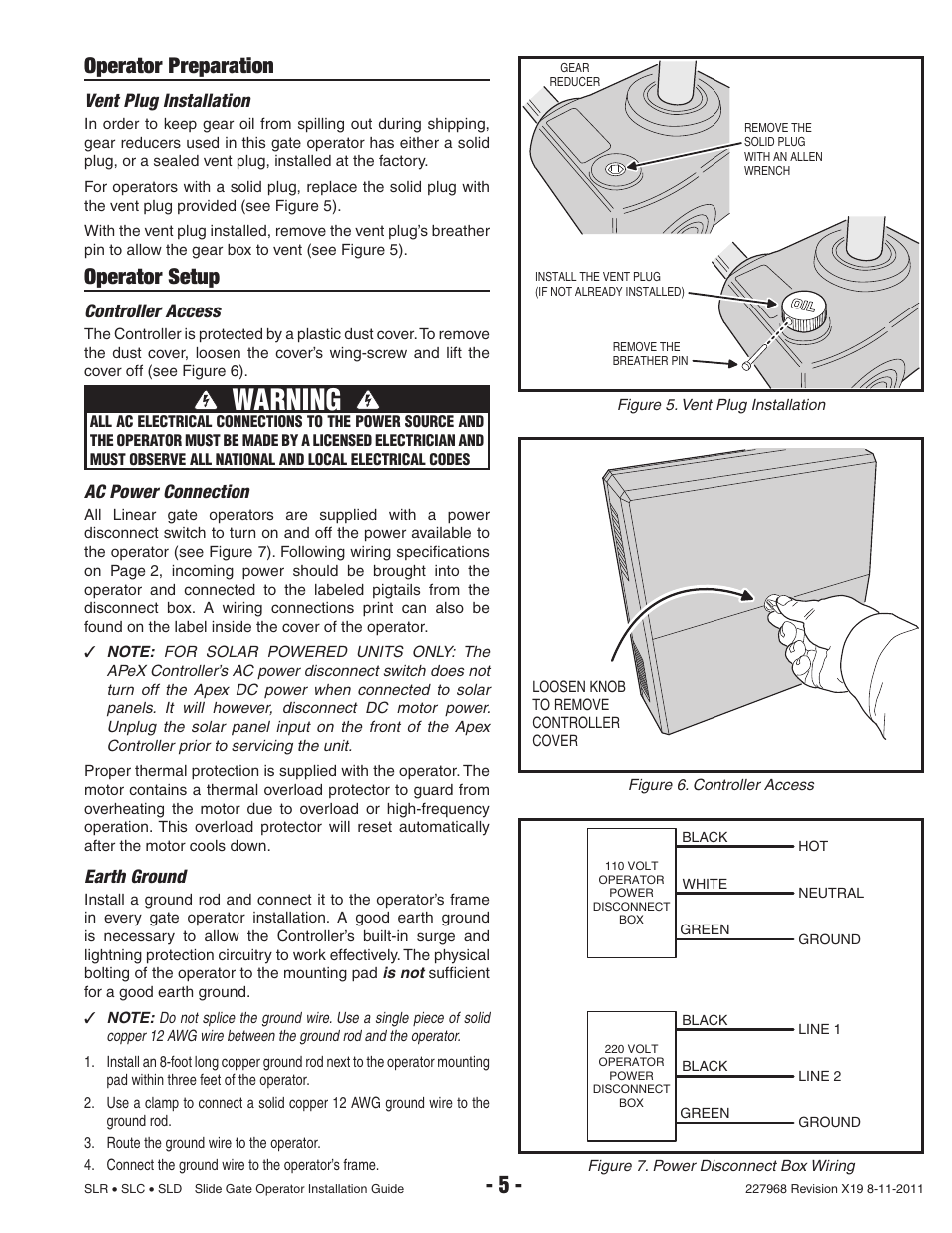 Warning, Operator preparation, Operator setup | Vent plug installation, Controller access, Ac power connection, Earth ground | Linear SLC User Manual | Page 7 / 38