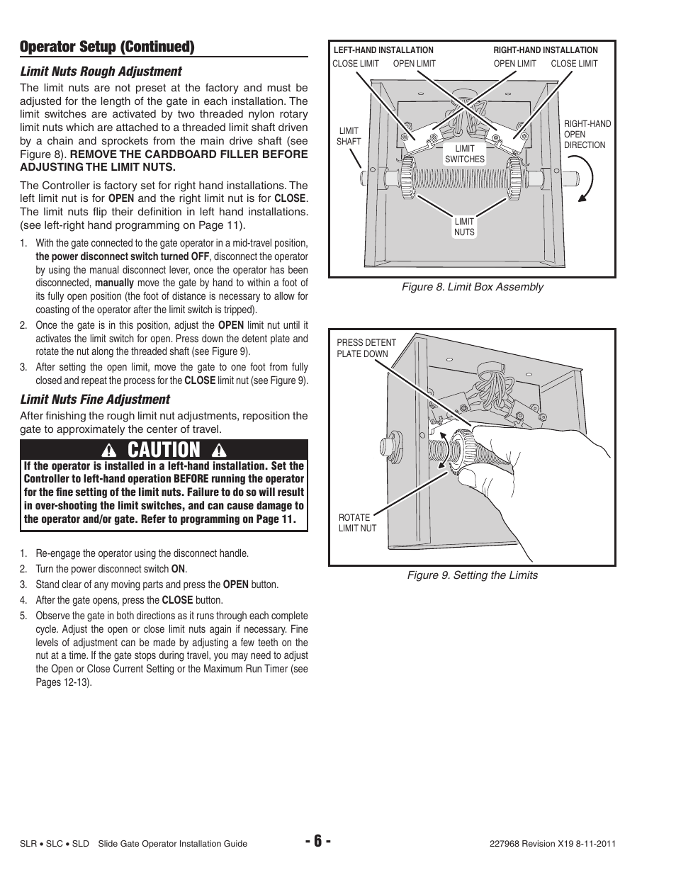 Caution, Operator setup (continued), Limit nuts rough adjustment | Limit nuts fine adjustment | Linear SLC User Manual | Page 8 / 38