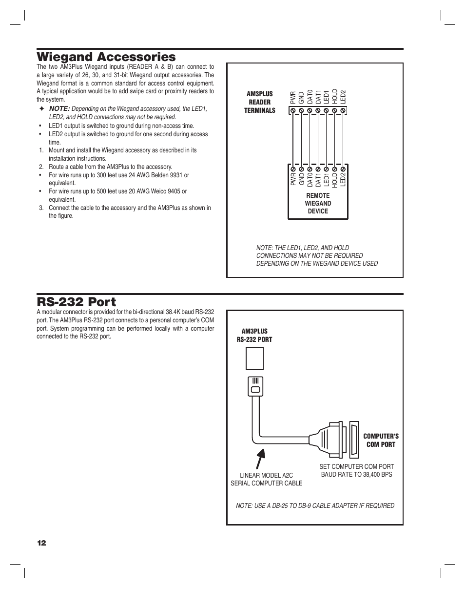 Wiegand accessories, Rs-232 port | Linear AM3Plus User Manual | Page 12 / 20