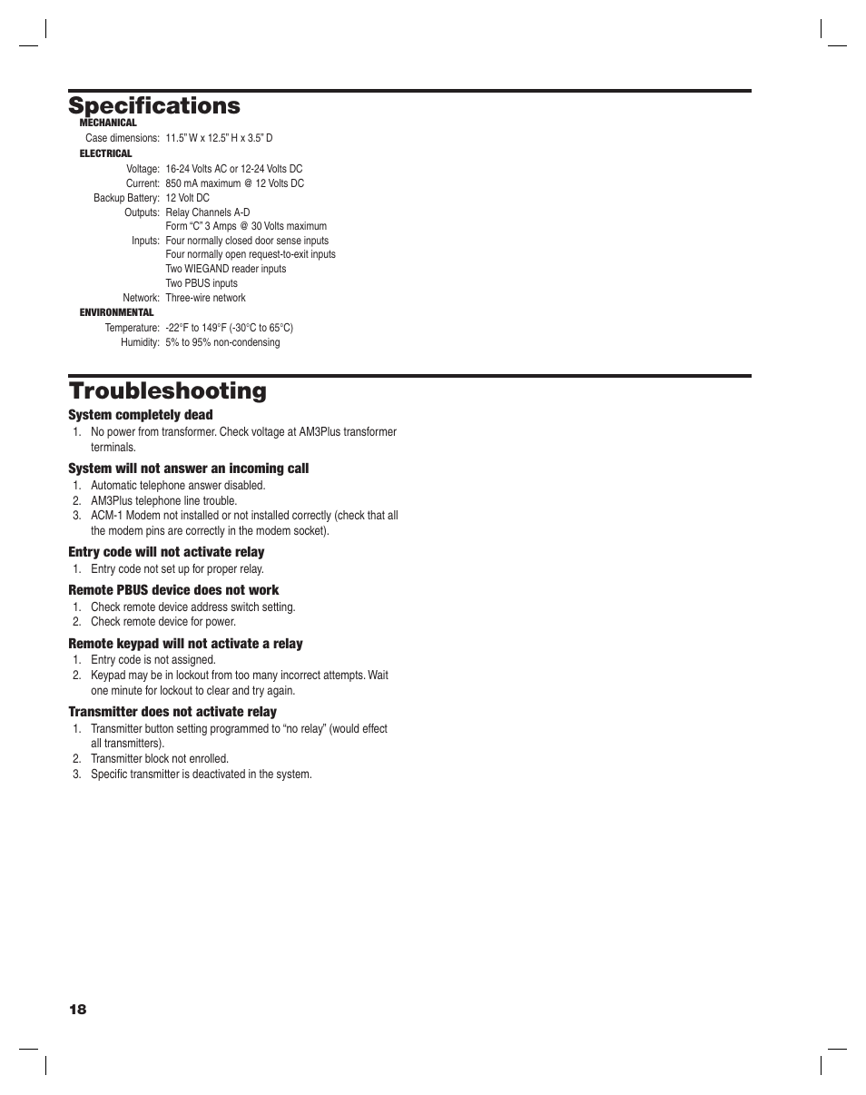 Specifi cations, Troubleshooting | Linear AM3Plus User Manual | Page 18 / 20
