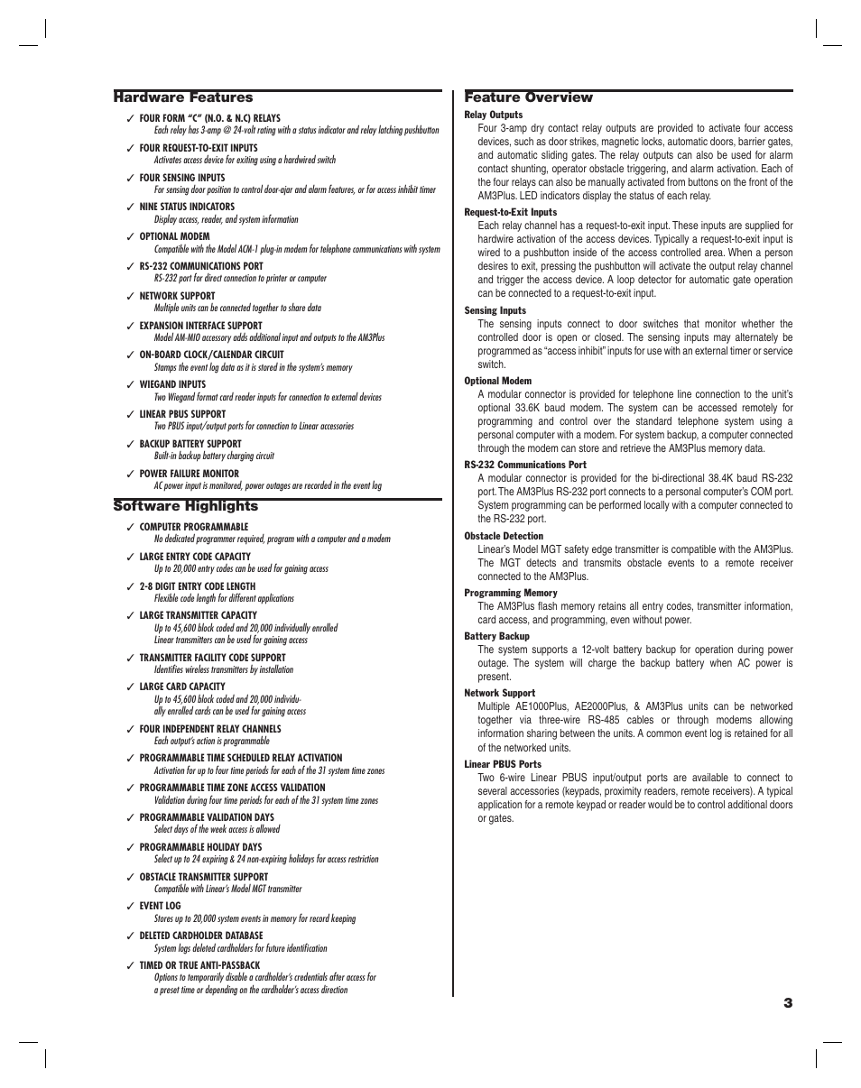 3hardware features, Software highlights, Feature overview | Linear AM3Plus User Manual | Page 3 / 20