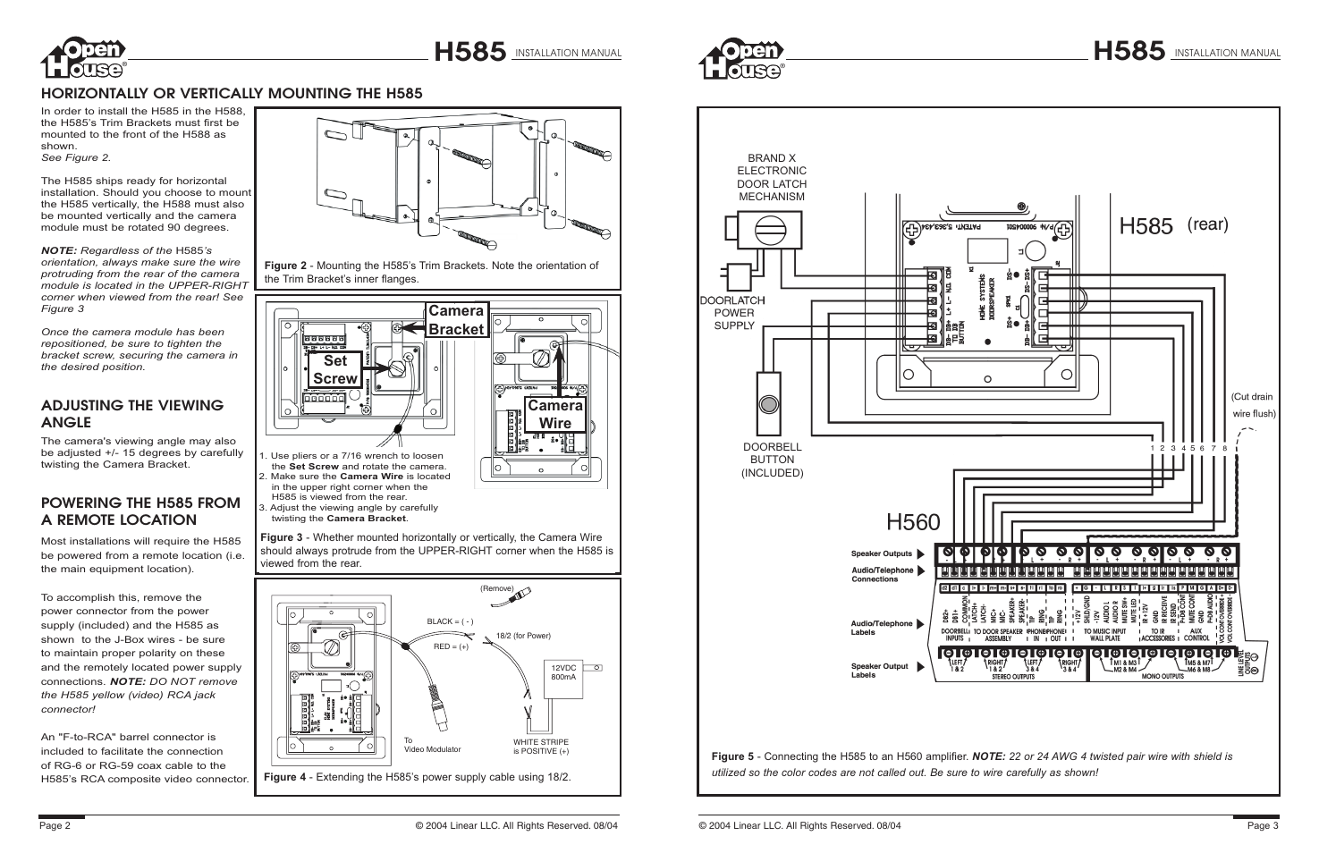 H585, Set screw camera bracket camera wire, Horizontally or vertically mounting the h585 | Adjusting the viewing angle, Powering the h585 from a remote location | Linear H585 User Manual | Page 2 / 2