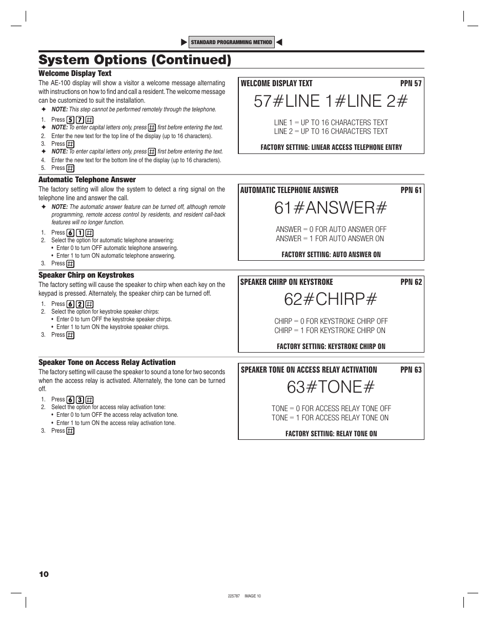 63#tone, 61#answer, 62#chirp | 57#line 1#line 2, System options (continued) | Linear ACCESS AE-100 User Manual | Page 10 / 24