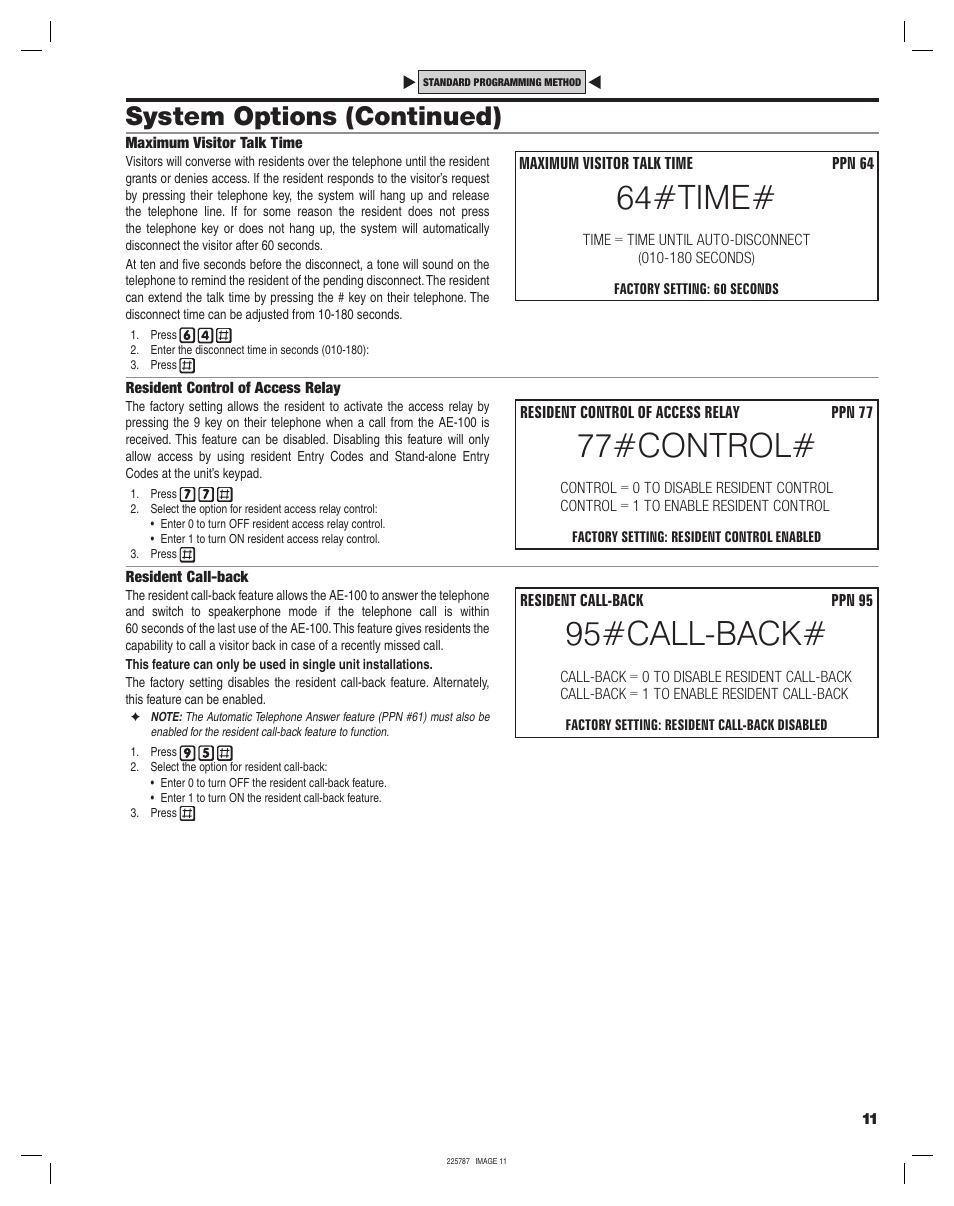 64#time, 77#control, 95#call-back | System options (continued) | Linear ACCESS AE-100 User Manual | Page 11 / 24