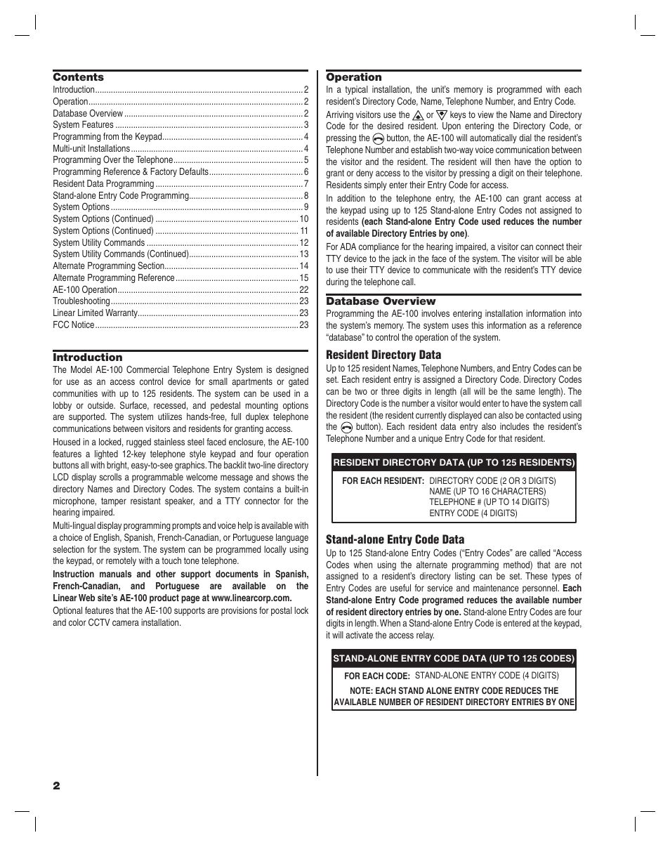 Linear ACCESS AE-100 User Manual | Page 2 / 24