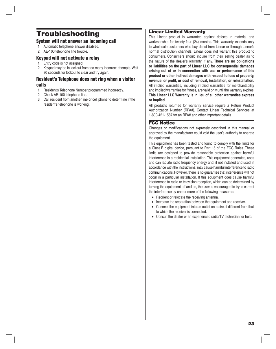 Troubleshooting | Linear ACCESS AE-100 User Manual | Page 23 / 24